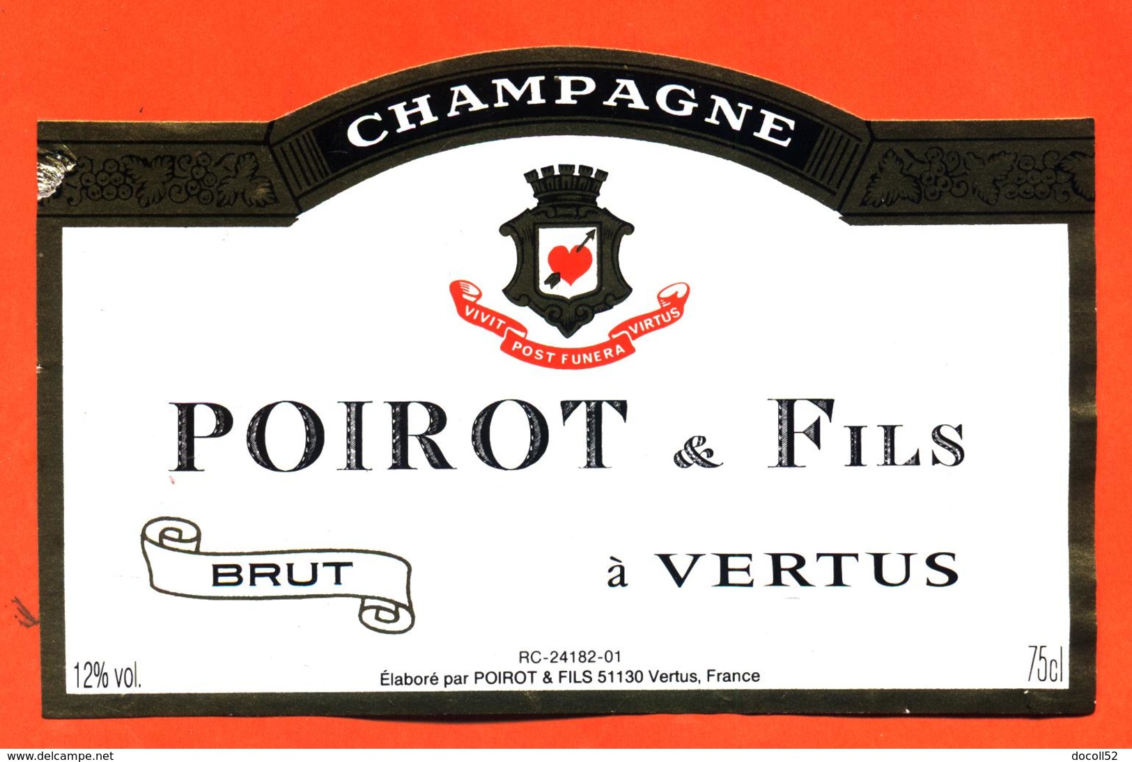 étiquette De Champagne Brut Poirot Et Fils à Vertus - 75 Cl - Champagne