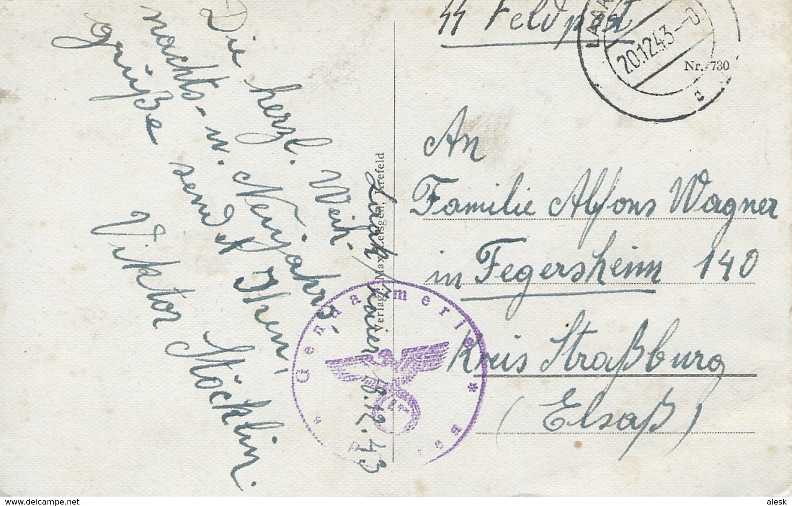 LAAK An Der ZAIER - Škofja Loka 20 Décembre 1943 SS Feldpost Pour Fégersheim - Censure Gendarmerie - CP - Lettres & Documents