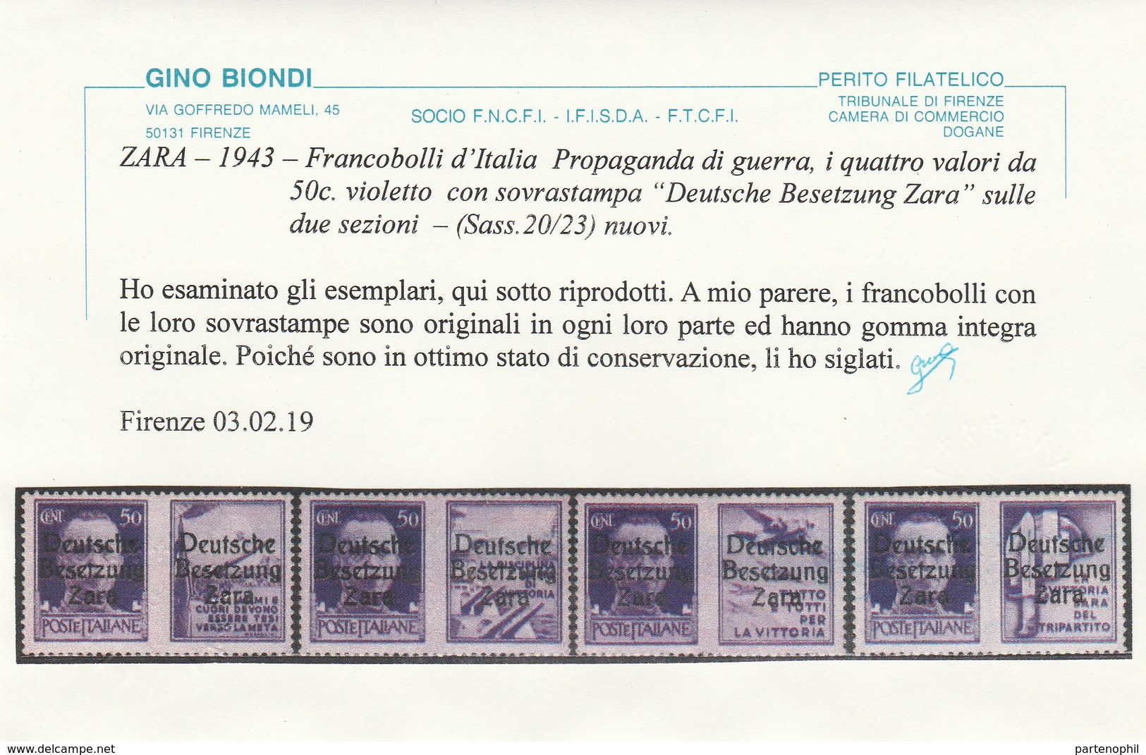 431 ** Zara 1943 – F.lli Di Propaganda N. 20/23. Cert. Biondi. SPL - Occup. Tedesca: Zara