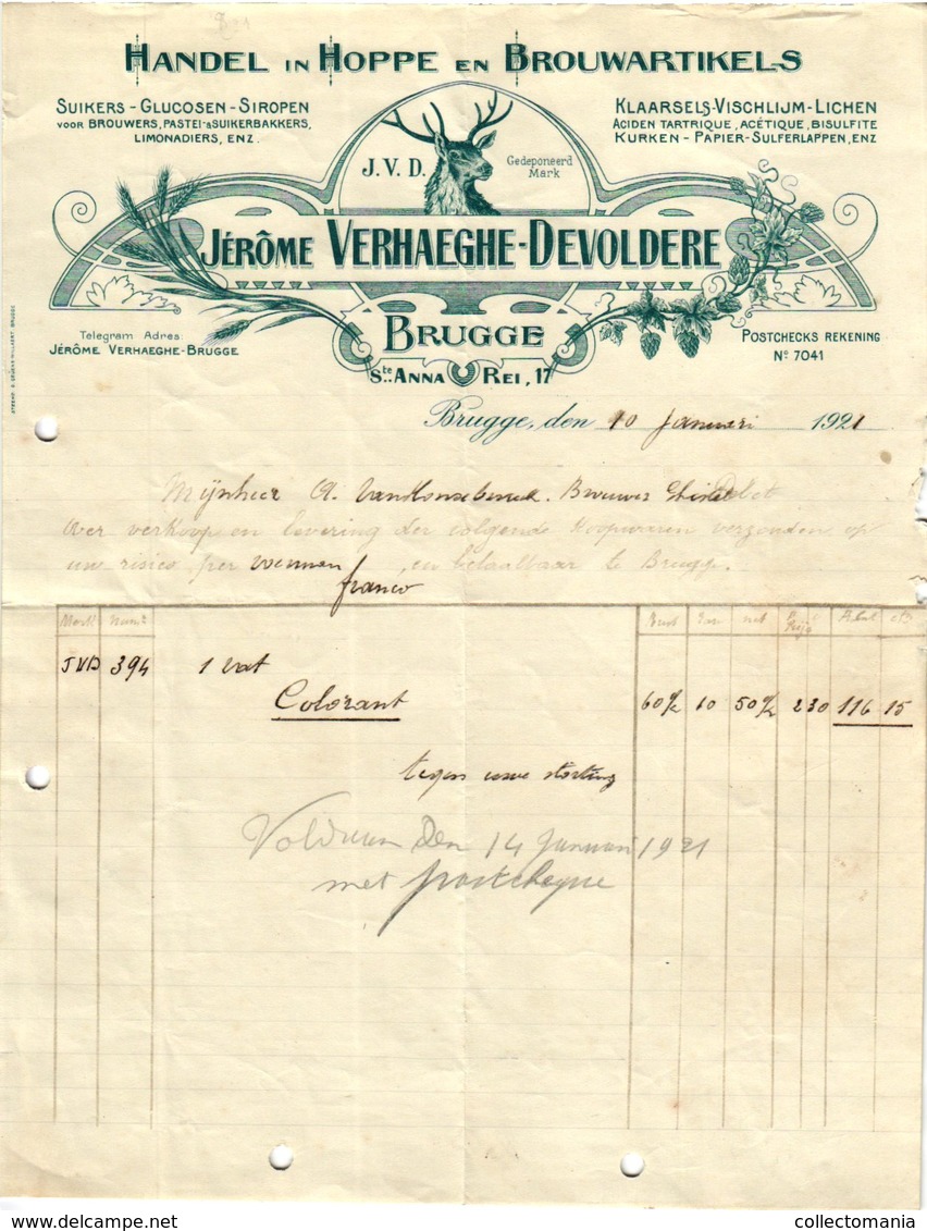 1 Faktuur  Handel In HOPPE & Brouwartikels Verhaeghe Devoldere  St Anna Rei 17 Brugge C1921 Aan Brouwer Ghistel Gistel - Alimentaire