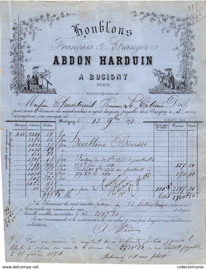 1 Faktuur  Abdon Harduin Busigny Houblons Hop à Chantreuil Brasseur à Le Cateau  C1873 Factuee Département NoRD - Lebensmittel