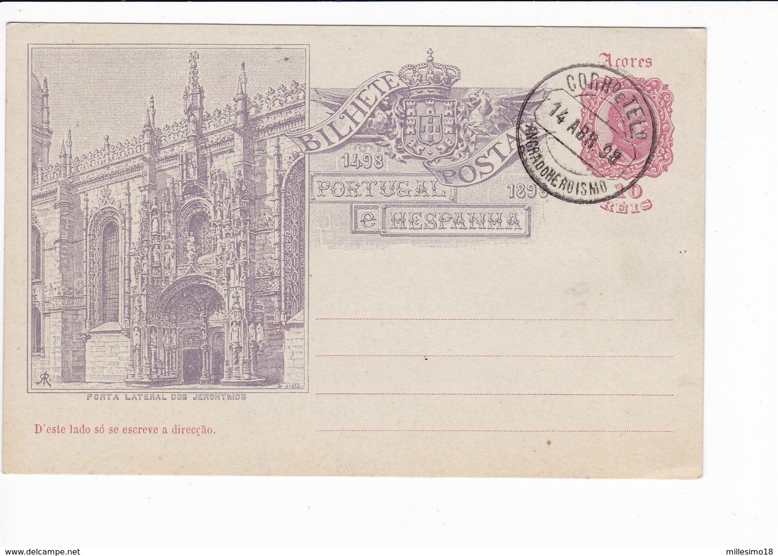 Portugal Azores 1898 Postal Stationery Porta Lateral Jeronymos Angra Do Heroísmo - Entiers Postaux