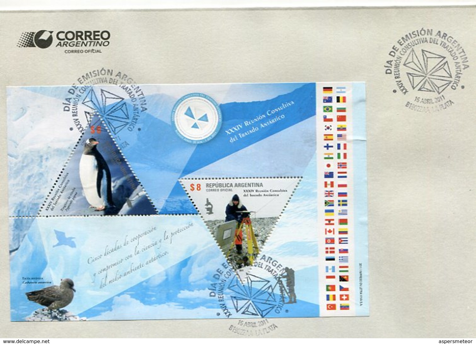 XXXIV REUNION CONSULTIVA DEL TRATADO ANTARTICO. SOBRE ENVELOPE ARGENTINA OBLITERES AÑO 2011 FDC BLOCK FEUILLET - LILHU - Events & Commemorations