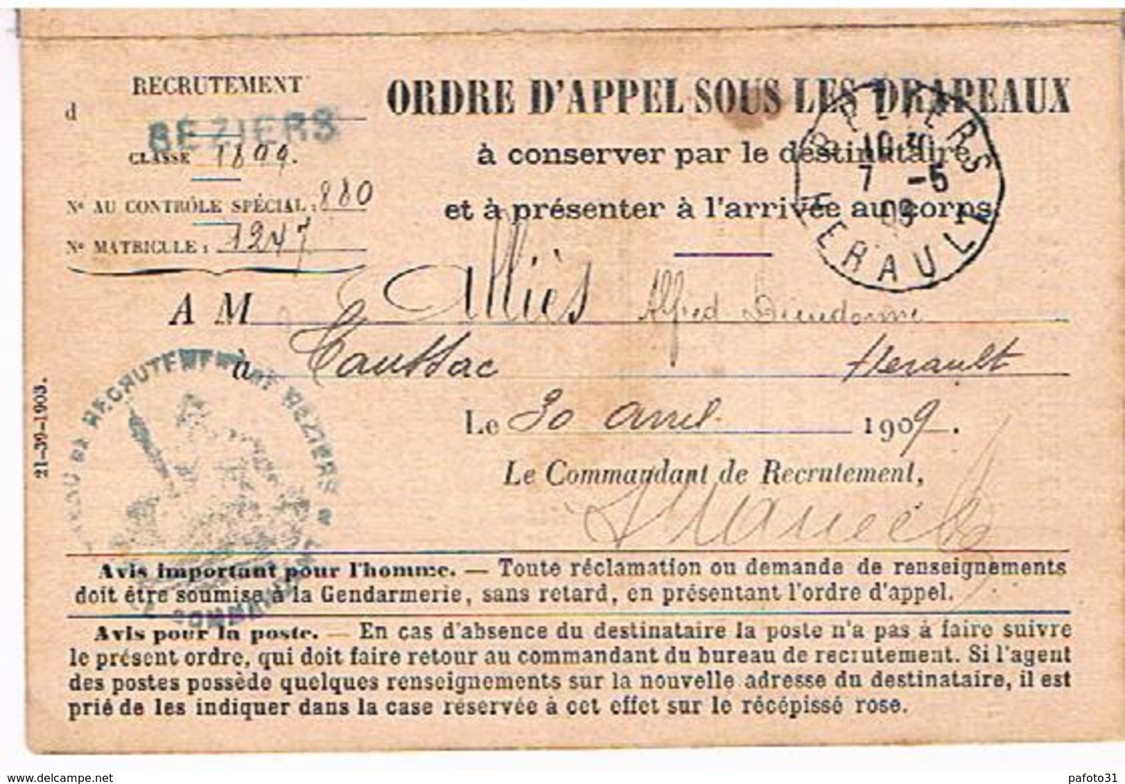 34 BEZIERS HERAULT 1906   ORDRE APPEL SOUS LES DRAPEAUX.     HE - Documents Historiques