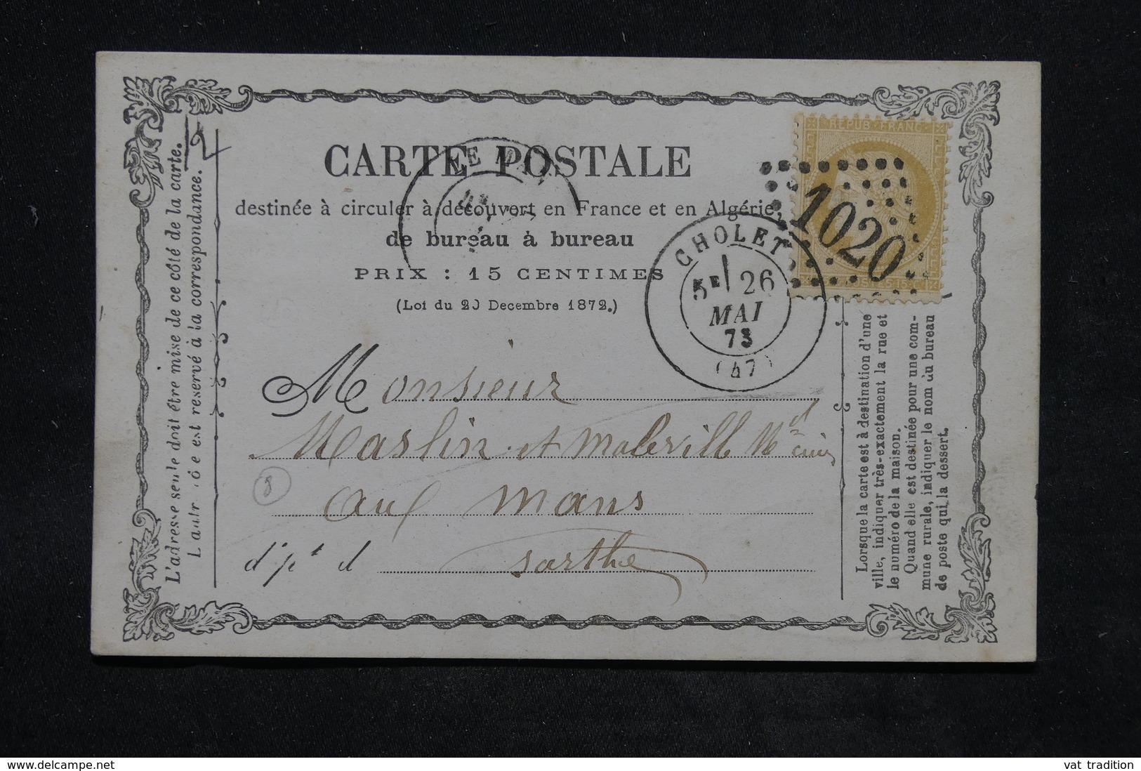 FRANCE - Carte Précurseur De Cholet Pour Le Mans En 1873 , Affranchissement Cérès , GC 1020 - L 25788 - Vorläufer