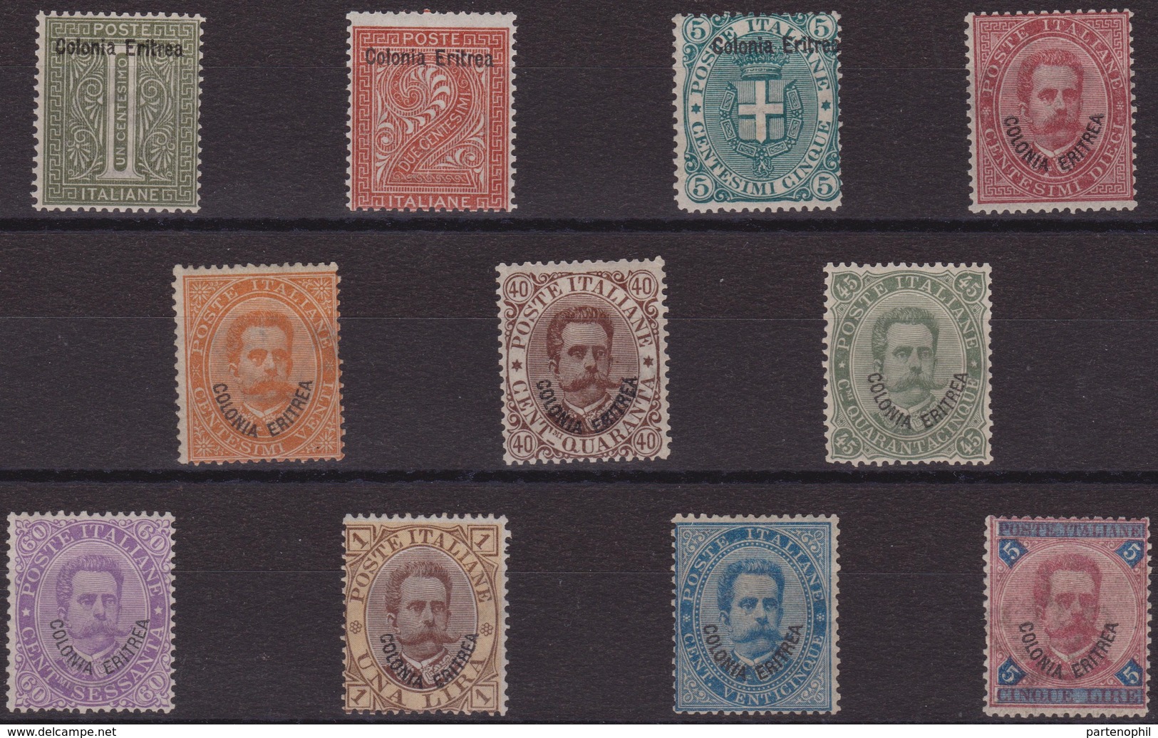 502 ** Eritrea 1893 – Soprastampati Colonia Eritrea N. 1/11. Cert. Sottoriva. Cat. € 5740,00. SPL - Eritrea