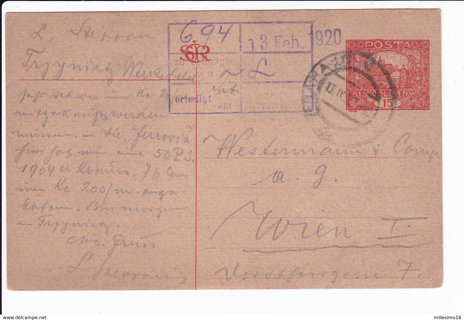 Cecoslovacchia Czechoslovakia 1920 Postal Stationery - Cartoline Postali