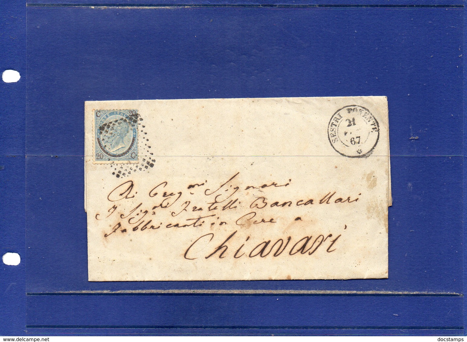 ##(DAN194)-Italy 1867-Piego Completo Di Testo Affrancato Cent.15 Su Cent.20  3° Tipo Da  Sestri Ponente Per Chiavari - Storia Postale