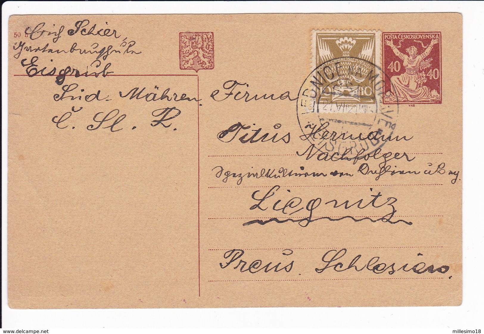 Cecoslovacchia Czechoslovakia 1921 Postal Stationery Lednice Na Moravě Liegnitz - Cartoline Postali