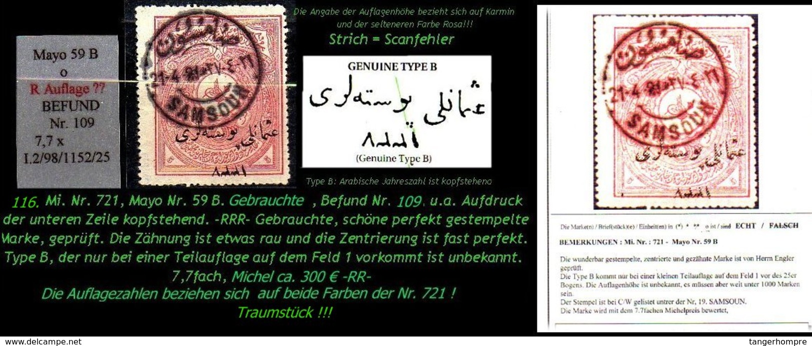 EARLY OTTOMAN SPECIALIZED FOR SPECIALIST, SEE...Mi. Nr. 721 A - Mayo 59 B- Karminrot - Auflagenanteil ?? Stück -RR- - 1920-21 Anatolie