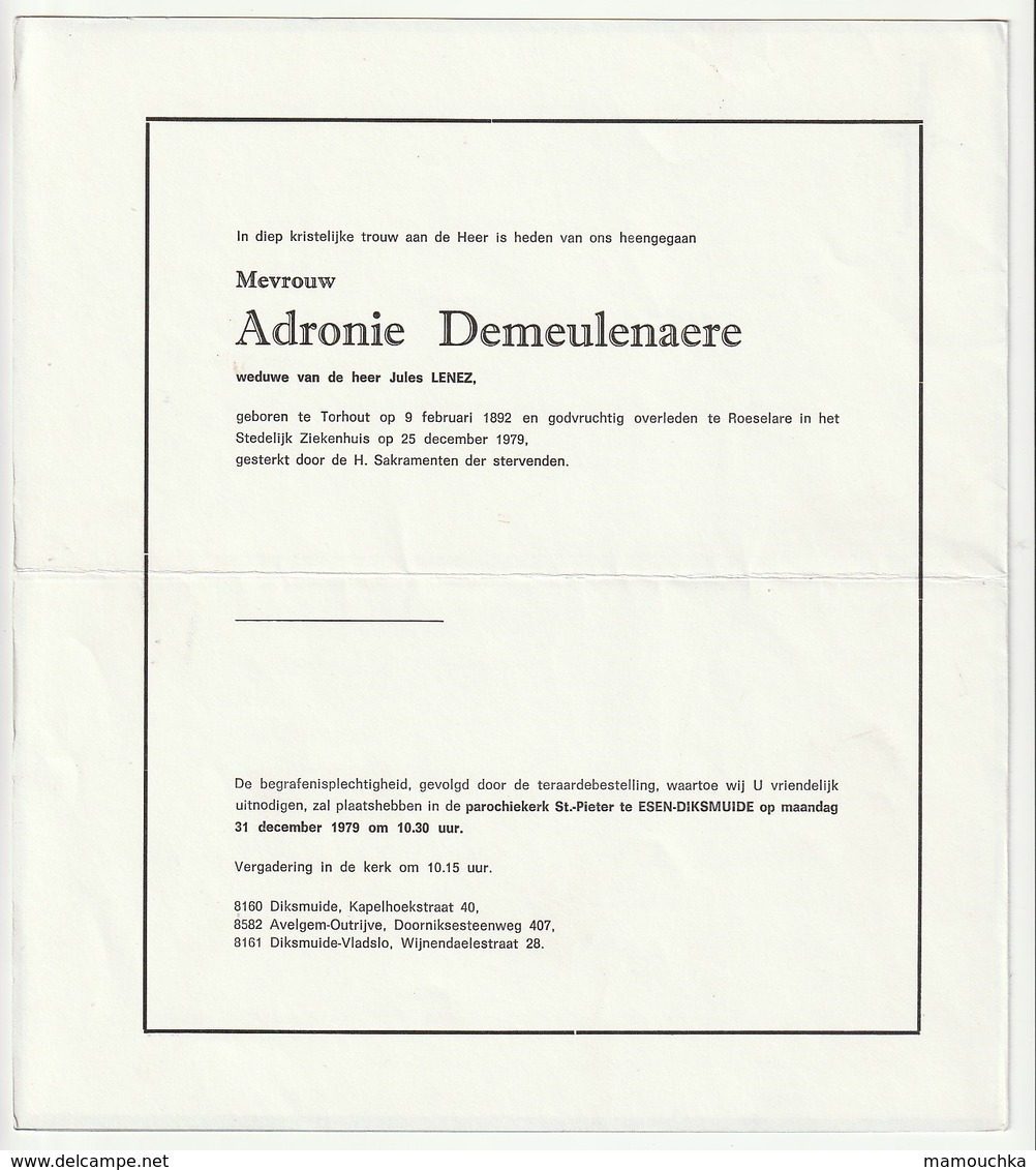 Doodsbrief Adronie DEMEULENAERE Wed. Jules Lenez Torhout 1892 Roeselare 1979 Families Maenhout Demeester - Décès