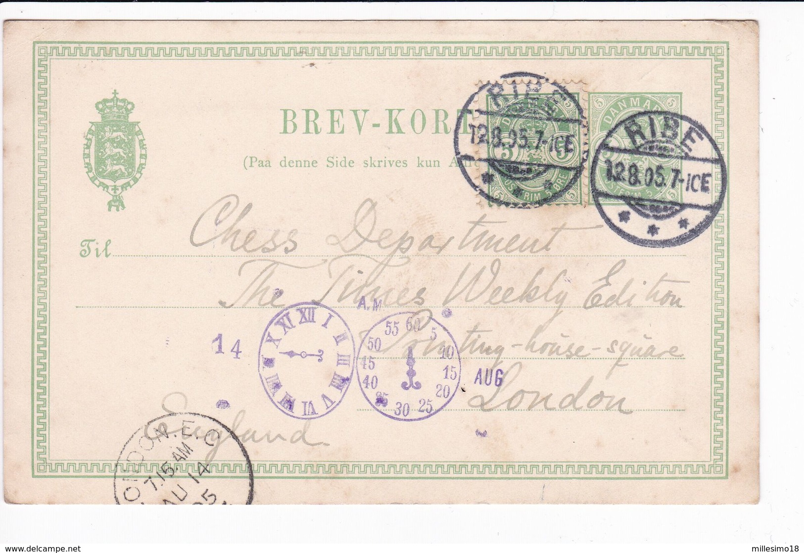 Danmark Denmark 1905 Ribe Uprated Postal Stationery Brevkort 5+5 Ore Chess - Interi Postali