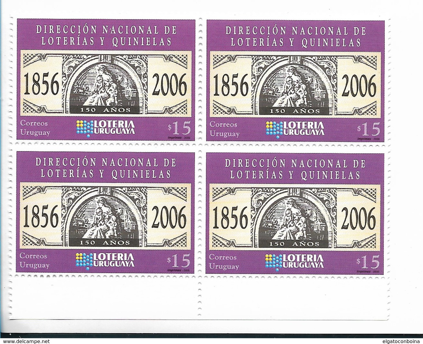 URUGUAY YEAR 2006, LOTERIA NACIONAL, NATIONAL LOTTERY IN BLOCK OF FOUR - Uruguay