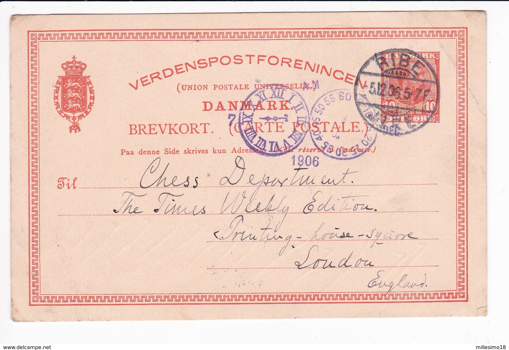 Danmark Denmark 1906 Ribe Postal Stationery Brevkort 10 Ore Chess - Enteros Postales