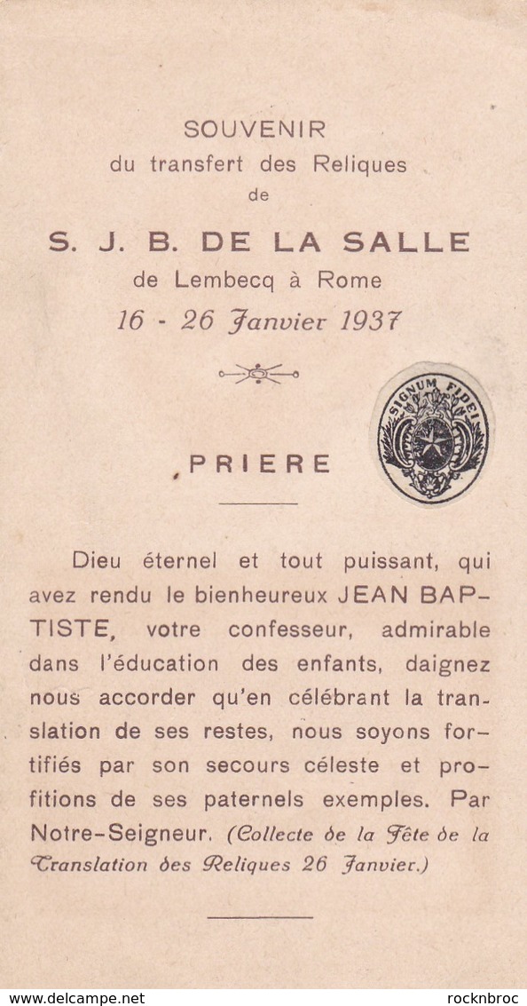 Ancienne Image Pieuse Religieuse Etoffe Ayant Touché Aux Reliques Du Saint Chasse De Saint J.B. De La Salle (1937) - Religion & Esotérisme