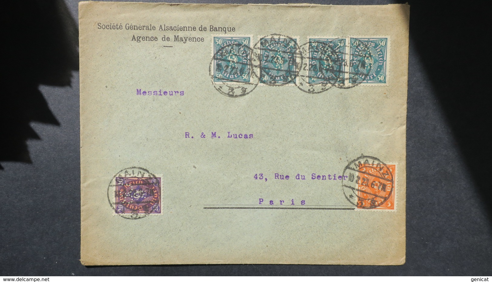 Perforé Sur Lettre SG Alsacienne De Banque Mayence 1923 , Lochung , Perfin Brief Von Mainz Nach Paris 1923 - Lettres & Documents