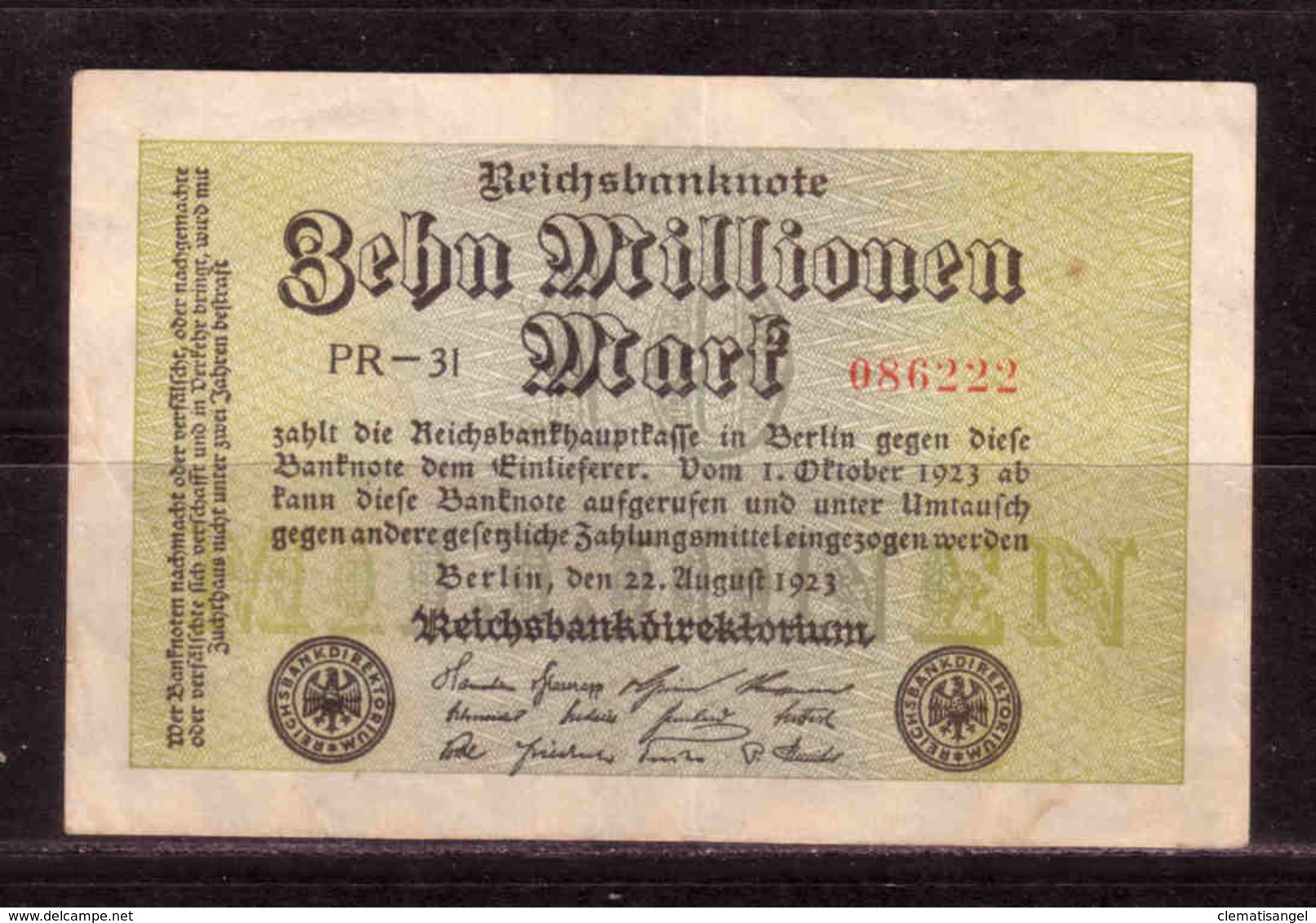 470d * REICHSBANKNOTE 86222 * 10 MILLIONEN MARK * 22.8.1923 ** !! - 10 Millionen Mark