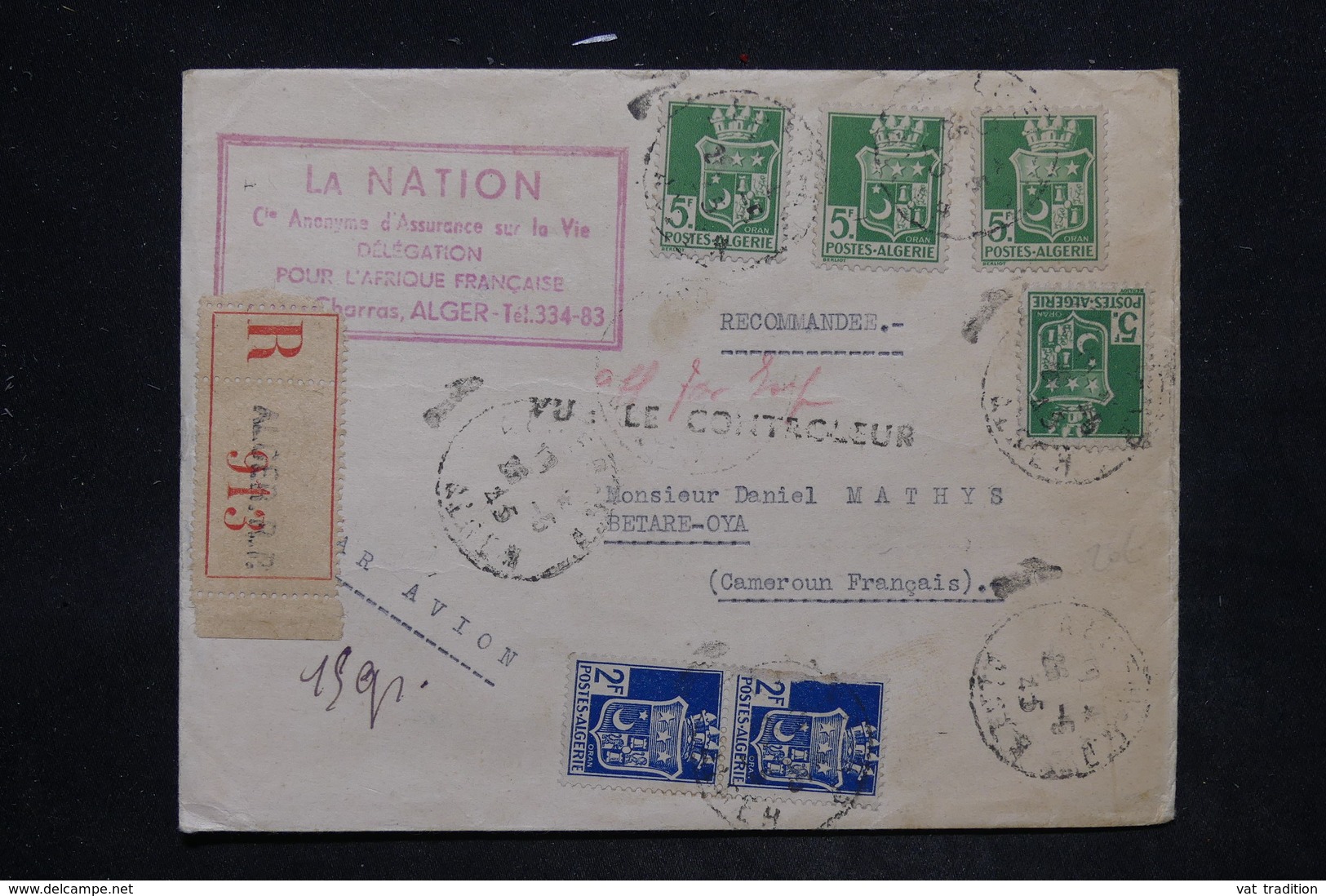 ALGÉRIE - Enveloppe Commerciale En Recommandé De Alger Pour Betare Oya ( Cameroun ) En 1945 - L 25804 - Lettres & Documents