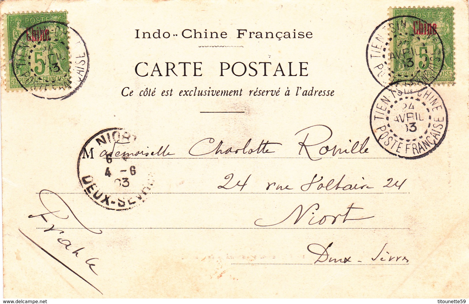 TIMBRE 5c République Française SURCHARGE "CHINE"Cachets TIEN-TSIN 1903 Sur CPA TONKIN-Femmes ANNAMITES Au MARCHE - Autres & Non Classés