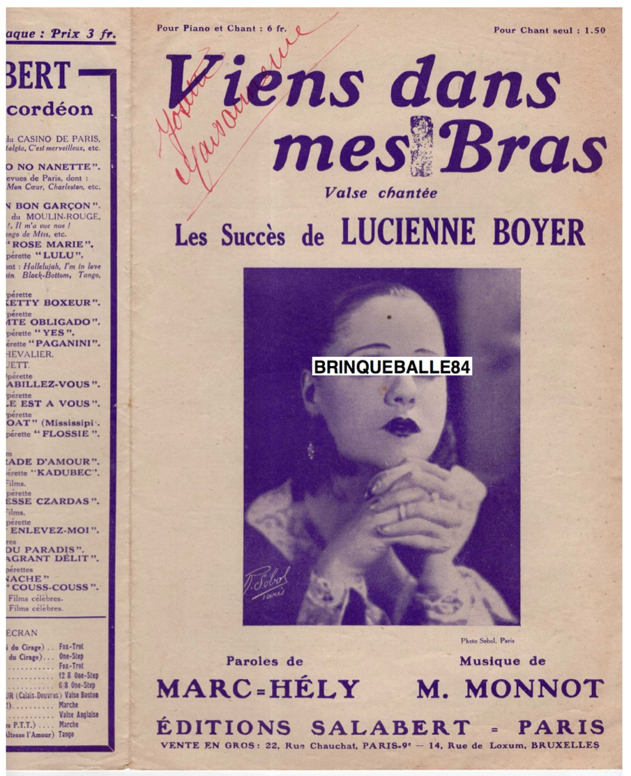 CAF CONC LUCIENNE BOYER PARTITION VIENS DANS MES BRAS MARC-HÉLY MARGUERITE MONNOT (PIAF) 1932 VALSE - Altri & Non Classificati