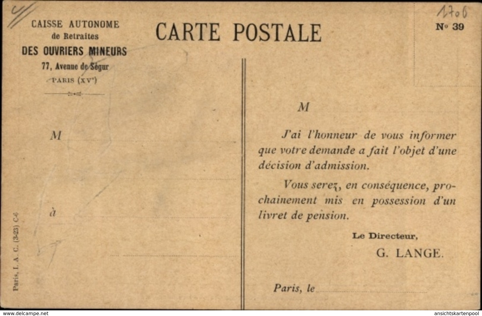 Cp Paris XV., Caisse Autonome De Retraite Des Ouvriers Mineurs, Avenue De Segur - Autres & Non Classés