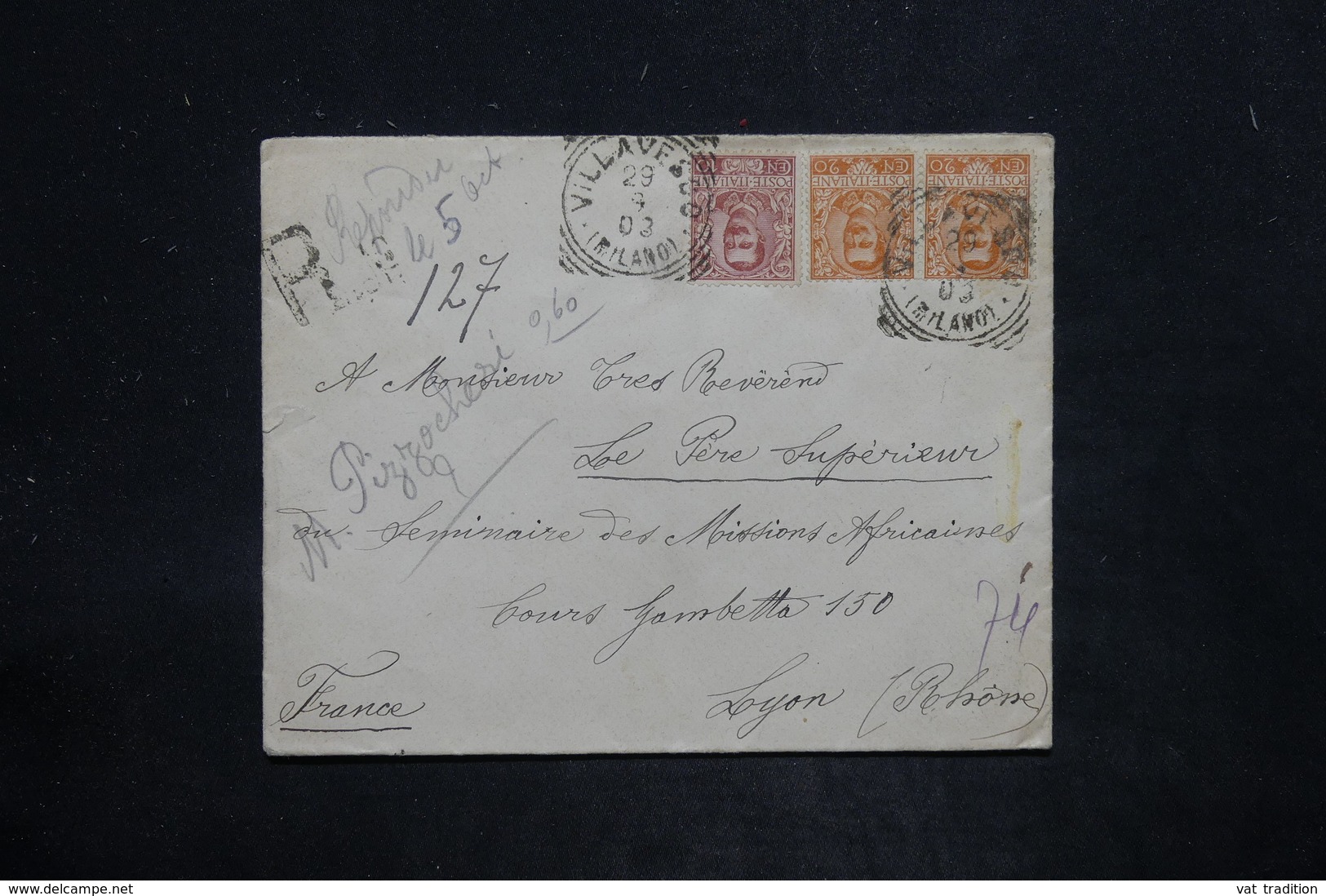 ITALIE - Enveloppe En Recommandé De Villavesco Pour Lyon En 1903 , Affranchissement Plaisant - L 25810 - Poststempel