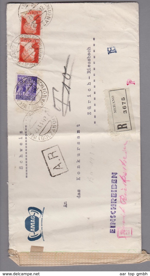 Italien 1945-03-20 Meran R-Brief Mit Rückschein Nach Zürich (Amag) - Marcophilie