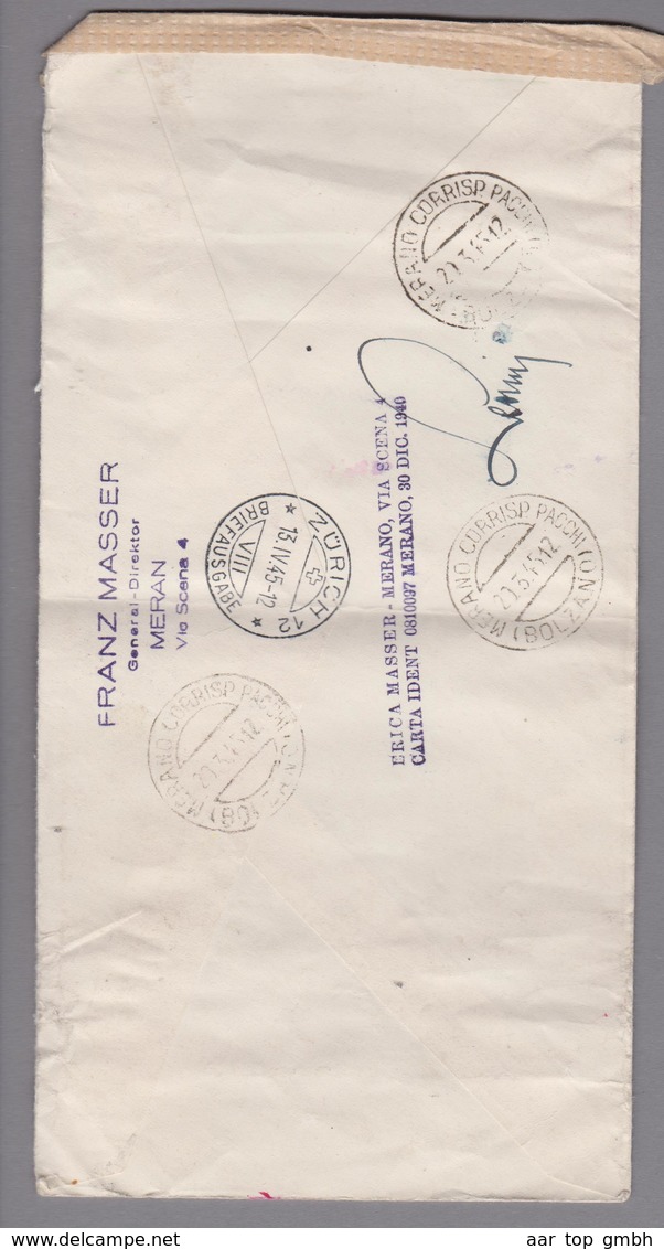 Italien 1945-03-20 Meran R-Brief Mit Rückschein Nach Zürich (Amag) - Marcophilie