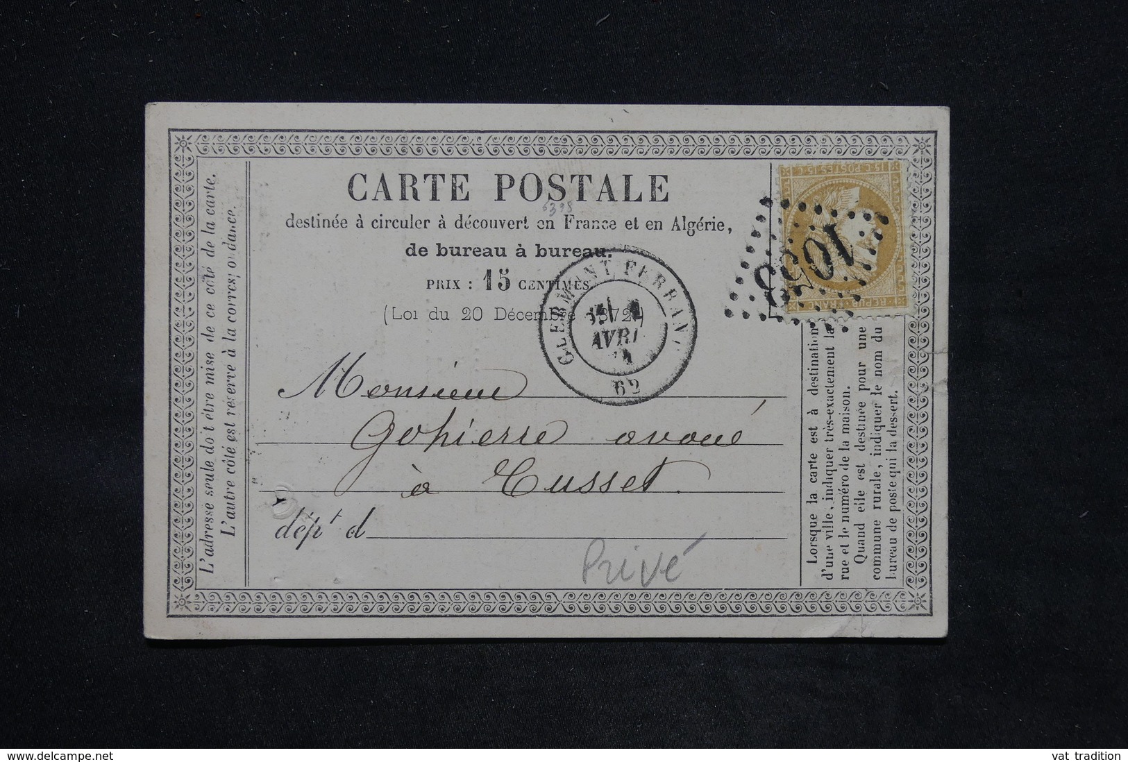 FRANCE - Carte Précurseur Commerciale ( Repiquage Au Verso ) De Clermont Ferrand Pour Cusset En 1874 - L 25814 - Vorläufer