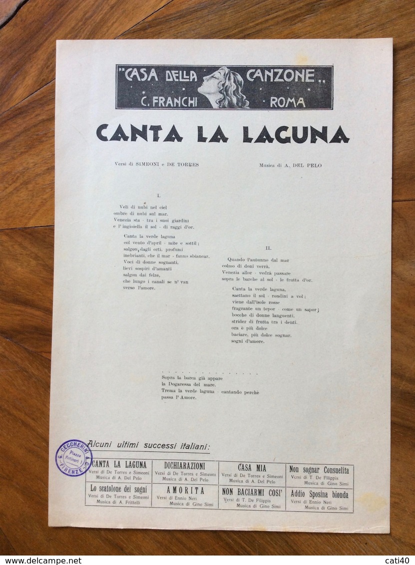GRAFICA EDITORIALE 1931  VOLANTINO  "Canta La Laguna " Di Delpelo-Torres-Simeoni  ED. F.LLI FRANCHI - Musica Popolare