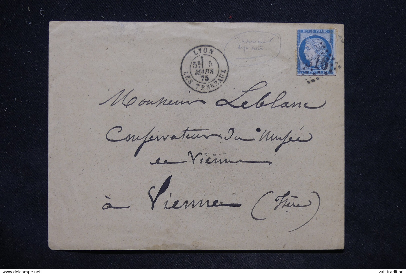 FRANCE - Type Cérès Ayant Déjà Servi Sur Enveloppe De Lyon Pour Vienne En 1875 Non Taxé - L 25816 - 1849-1876: Période Classique