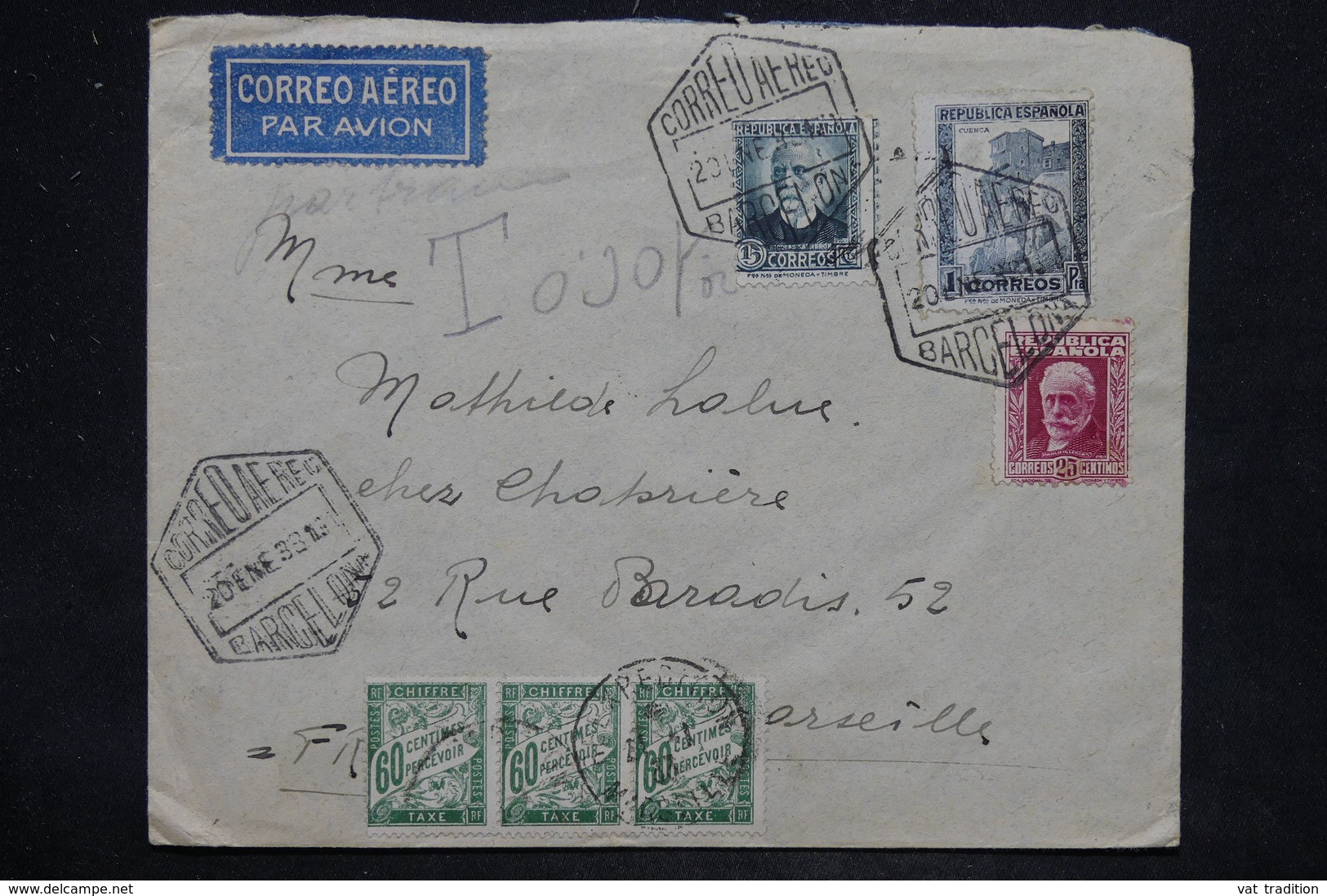 FRANCE -Taxes De Marseille Sur Enveloppe De Barcelone En 1933 - L 25818 - 1859-1959 Lettres & Documents