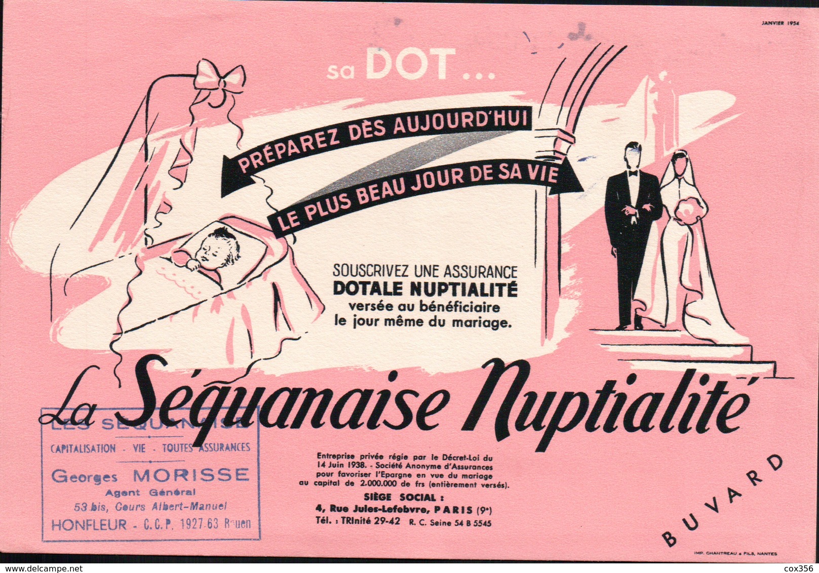 Ancien BUVARD Illustré ASSURANCE DOTALE NUPTIALITE , Tampon GEORGES MORISSE à HONFLEUR - A