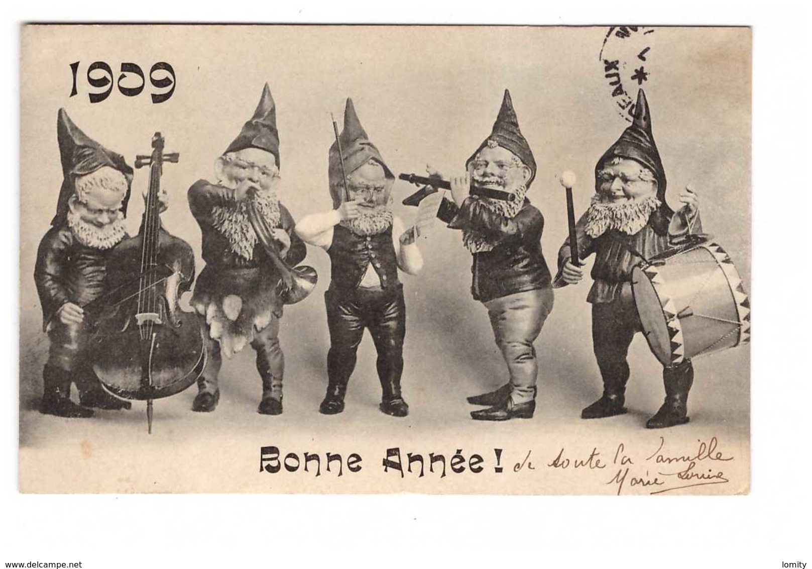 Fete Voeux Nouvel An 1909 Bonne Année Lutins Nains Musiciens Lutin Nain Musicien Musique - New Year