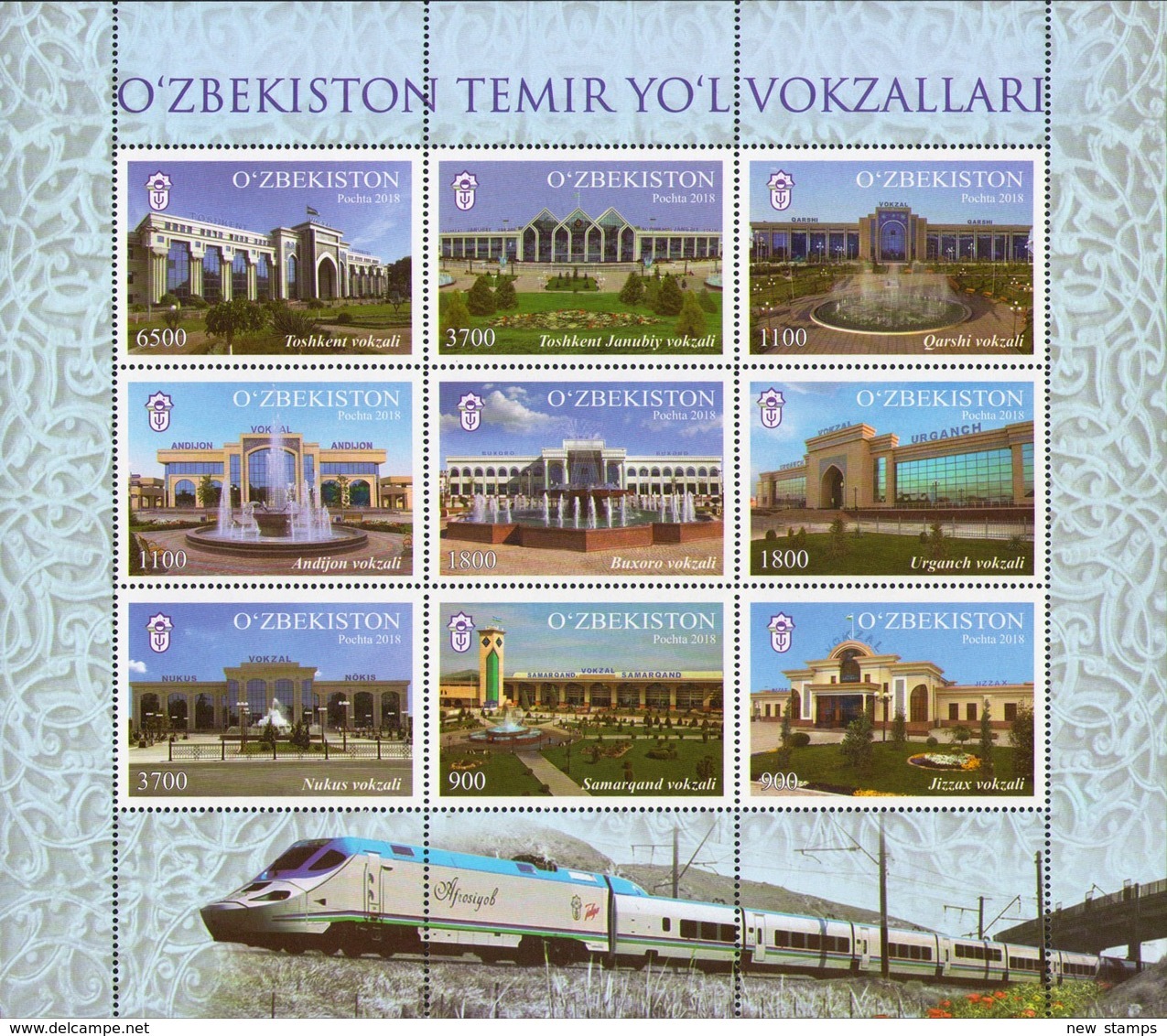 Uzbekistan 2018 Railway Stations Train Sheetlet Of 9v MNH - Uzbekistán