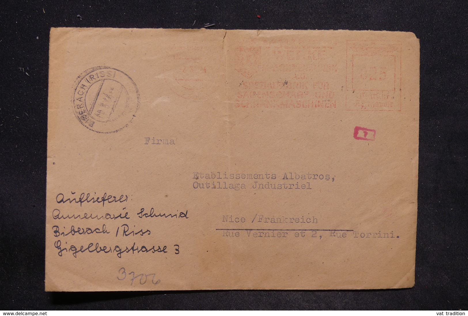 ALLEMAGNE - Affranchissement Mécanique De Biberach/ Riss Sur Enveloppe Commerciale Pour Nice , Contrôle Postal - L 25832 - Lettres & Documents