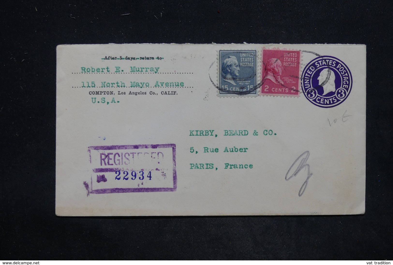 ETATS UNIS - Entier Postal + Complément De Los Angelés En Recommandé Pour La France En 1939 - L 25834 - 1921-40