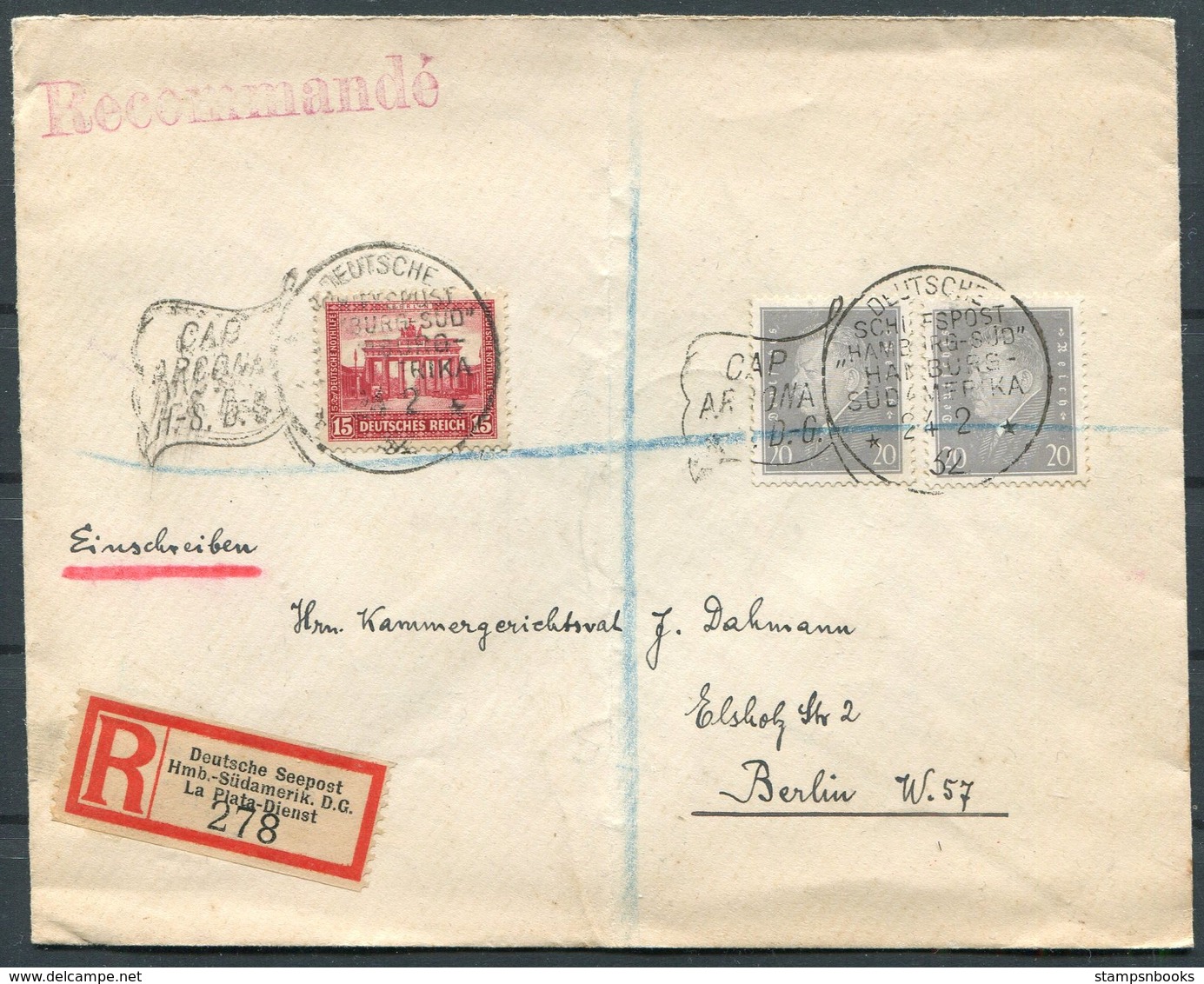 1932 Registered Seepost Cover. Hamburg - South America Line Ship. La Plata Dienst. CAP ARCONA. Southampton - Berlin - Briefe U. Dokumente