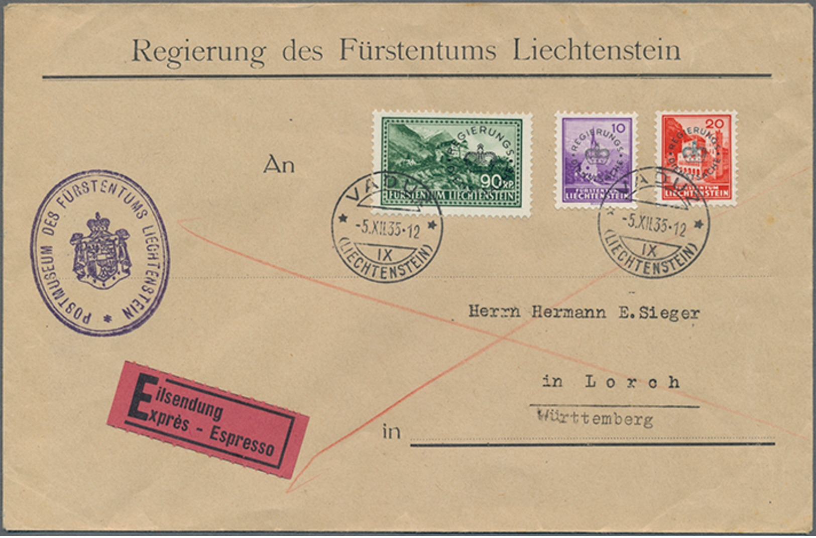 Beleg 1935, 90, 10 U.20 Rp. Freimarken Mit Aufdruck Auf Größ. Eil-Brief Der Regierung Von Vaduz Nach Lorch, Mi. 108.- (M - Andere & Zonder Classificatie