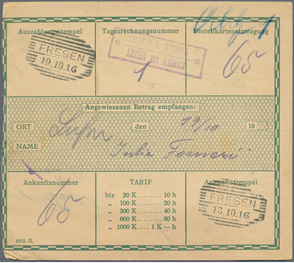 Beleg 1916,2x 15 H. Kaiser Auf Postanweisung  Mit Rs. Postablagestempel *Lechen B. Reibnig* (Michel: 190(2))" - Autres & Non Classés