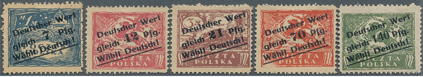 * 1920, 5 Verschiedene Marken Von Polen Mit Dreizeiligem Aufdruck "Deutscher Wert/ Gleich ... Pfg./Wählt Deutsch!, Inter - Autres & Non Classés