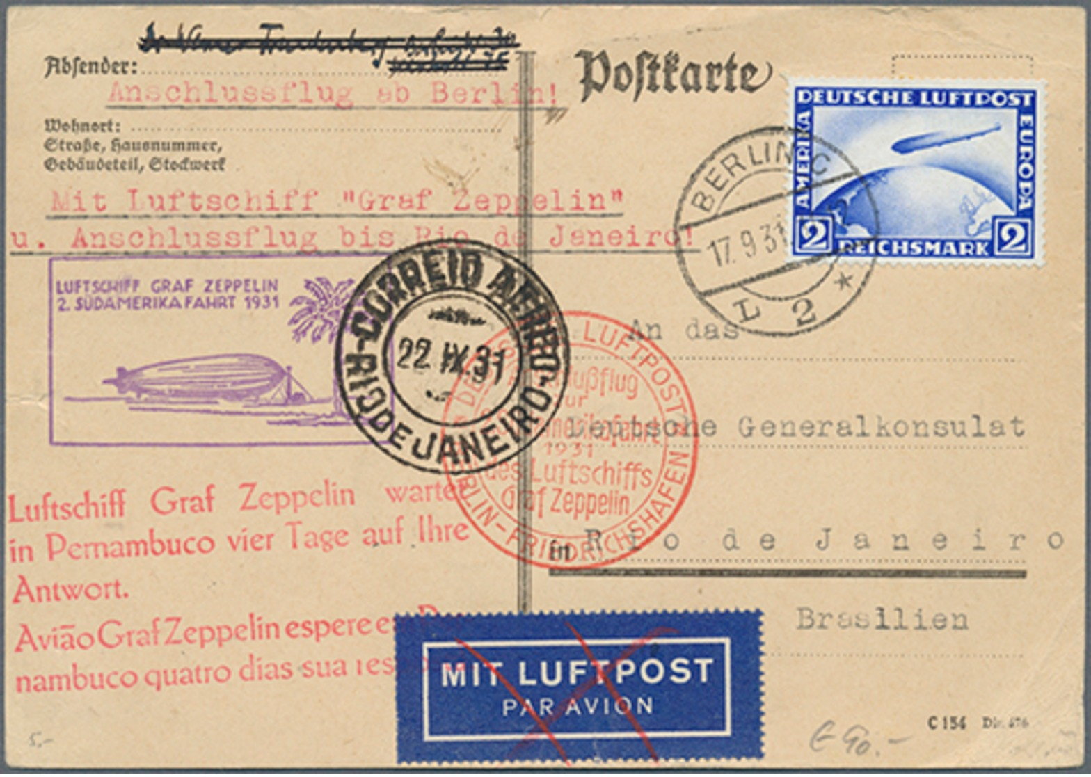 Beleg 1931, 2. SAF Mit Anschlußflug Ab Berlin Nach Rio Auf Karte Mit 2 RM Zeppelin - Airmail & Zeppelin