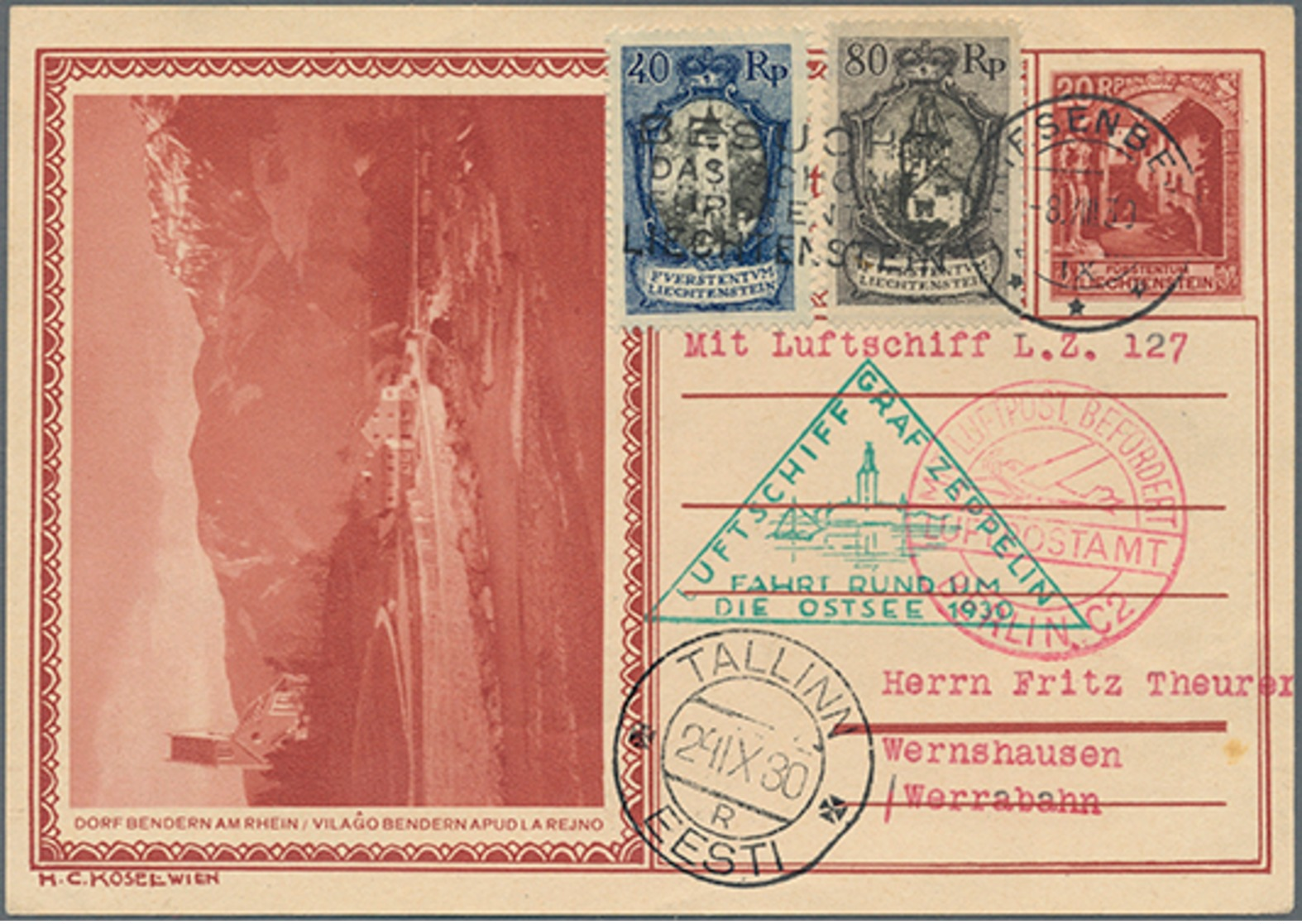 Beleg 1930,Liechtenstein,Ostseefahrt Bis Tallin Auf 20 Rp.Bildpost-GA-Karte Mit  ZuF, Mi. 580.- - Airmail & Zeppelin