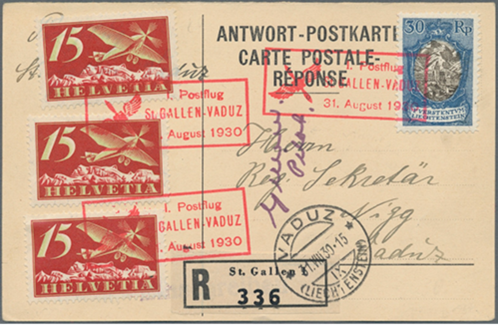 Beleg 1930, 1.Postflug Vaduz-St.-Gallen-Vaduz Auf 10 Rp. GA-R-Karte Mit ZuF Und R-Antwortkarte Mit CH/FL-MiF, Mi. 140.- - Other & Unclassified