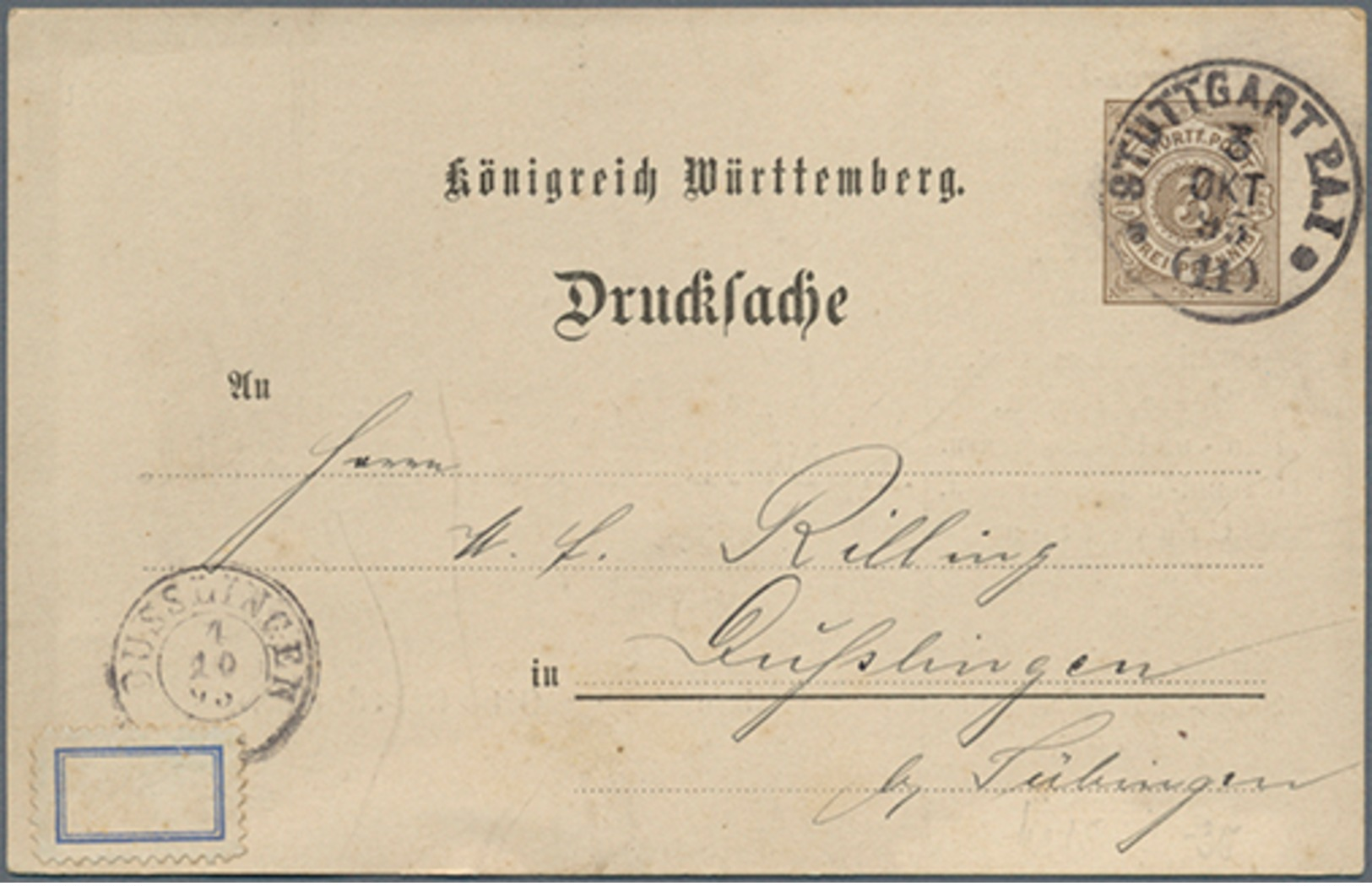 Beleg 1895, 3 Pf. Ziffer GA-Karte Mit Privatem Zudruck" Avis-Brief A.Dolmetsch" Von Stuttgart Nach Dußlingen  Mit Altem  - Other & Unclassified