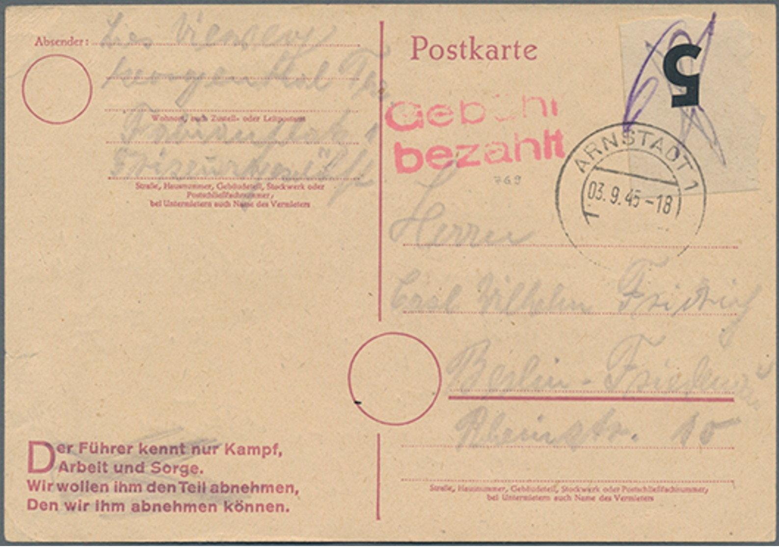 Beleg 1945,3.9., 6 Pf. Hitler GA-Karte, Bedarfskarte überklebt Mit Gedrucktem Zettel "5" Geändert  Hs. In "6", Dazu L2"G - Sonstige & Ohne Zuordnung