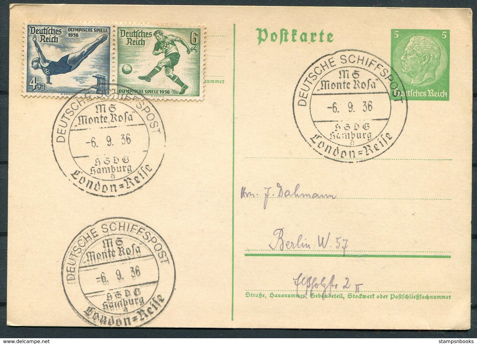 1936 Germany Deutsche Schiffspost Ship Stationery Postcard. Hamburg M.S. MONTE ROSA, London Cruise. Olympics - Briefe U. Dokumente