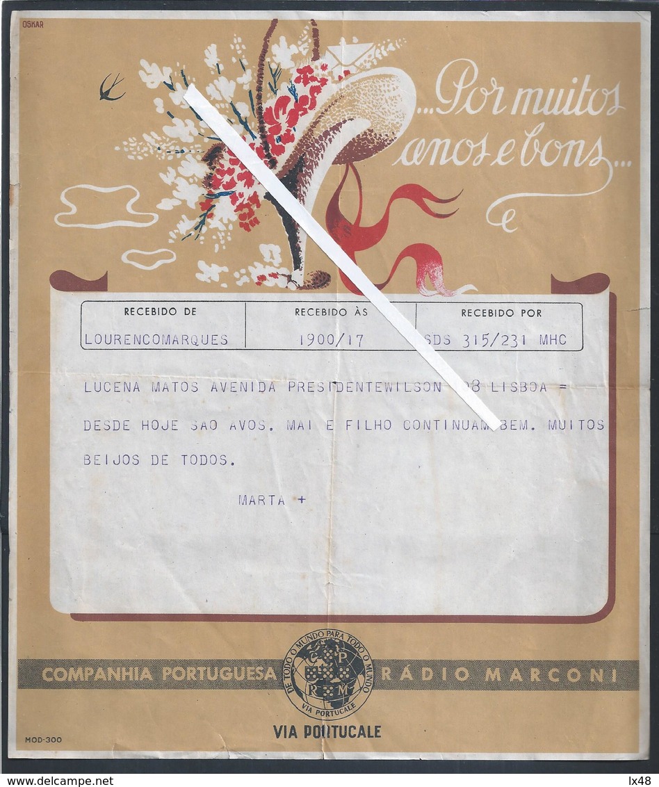 RareTelegram Rádio Marconi. Portuguese Company Radio Marconi.Telegramm Aus Marconi. Telegrama Da Marconi. Via Portucale - Brieven En Documenten