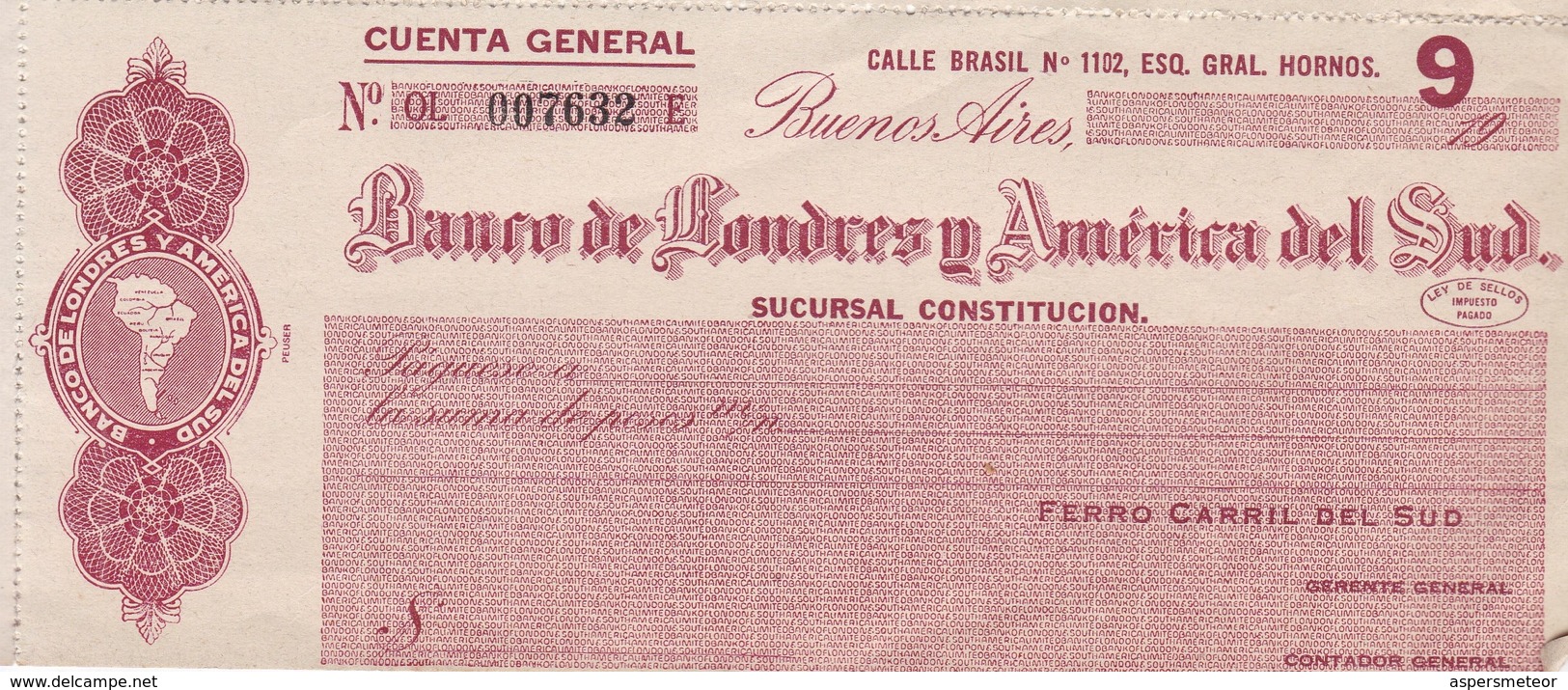 BANCO DE LONDRES Y AMERICA DEL SUD-CHEQUES CIRCA 1910 L'ARGENTINE - BLEUP - Chèques & Chèques De Voyage