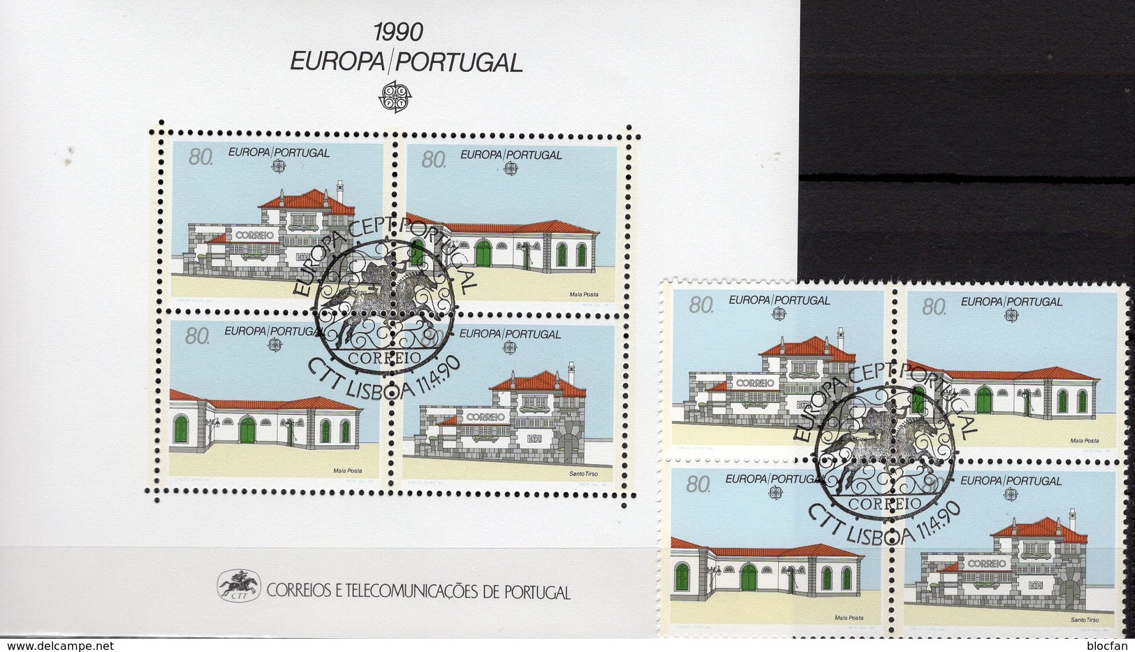 EUROPA Postamt 1990 Portugal 1822/3+Block 71 O 20€ Tirso Postkutschen-Station Hoja Bloque M/s Sheet Ss Bloc Bf CEPT - Usado